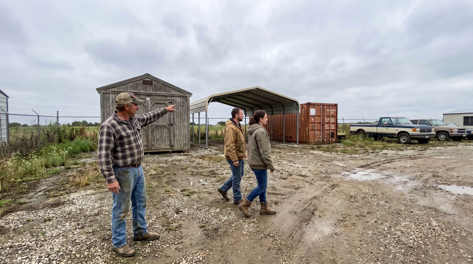 A dealer walking customers past a row of portable buildings and containers on a gravel lot