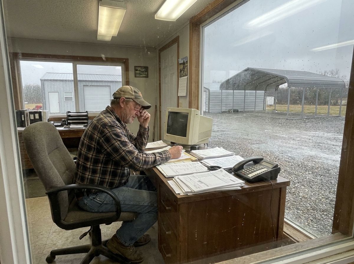A lot owner at a desk covered in paper quotes, the yard visible through the window
