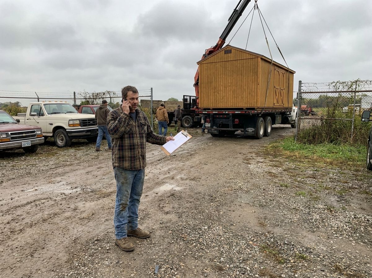 A dealer on the phone in the yard while a truck delivers a building behind him