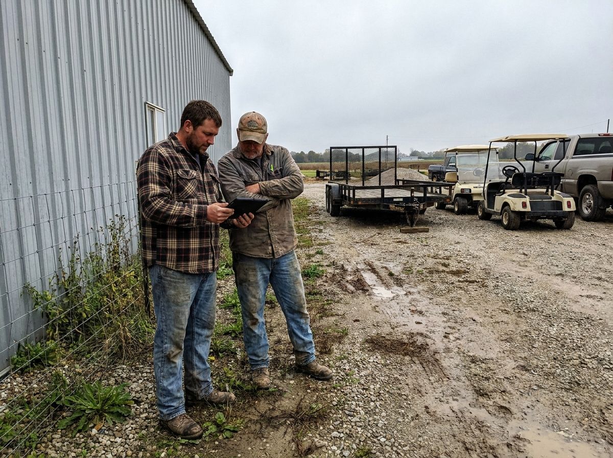 Two men talking beside a metal building on a dealer lot